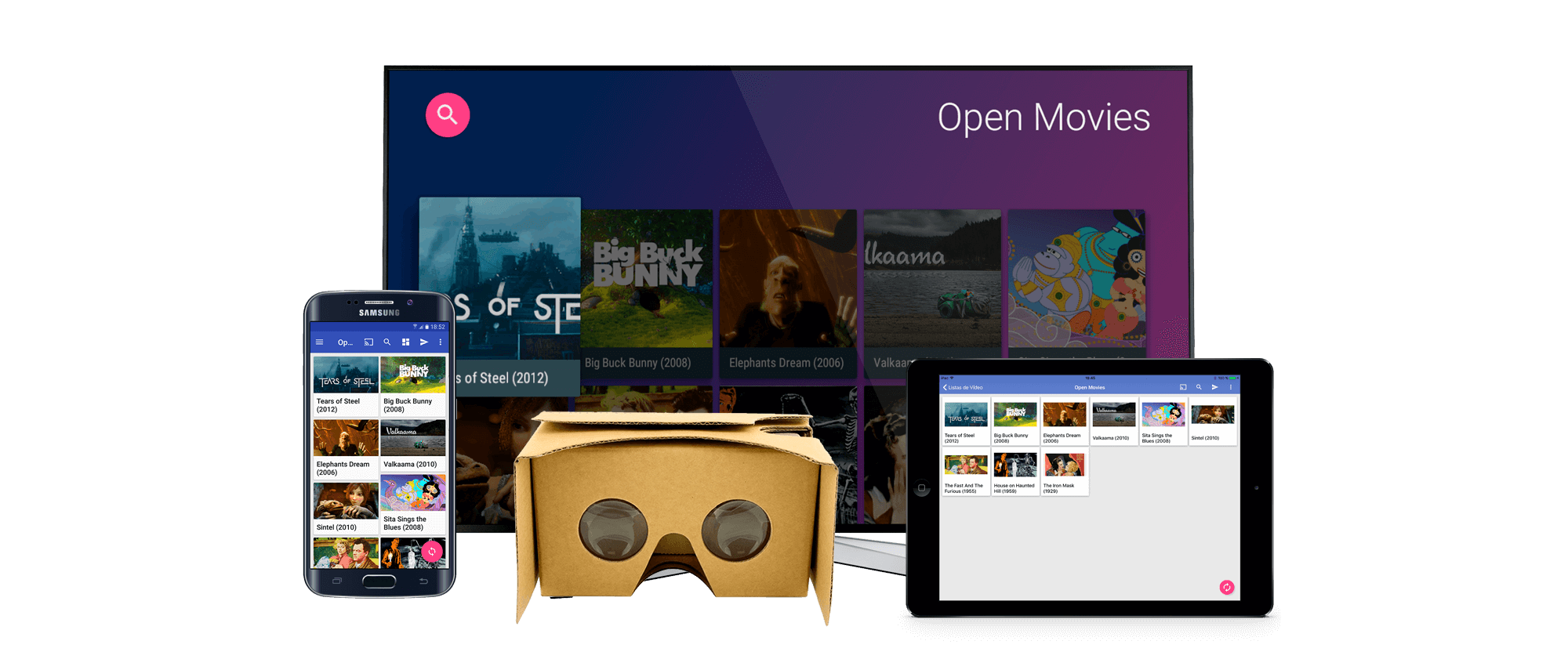 Use Wiseplay in all your mobile devices and Android TV, the image shows a tablet, a cell phone, VR glasses and a smart TV.